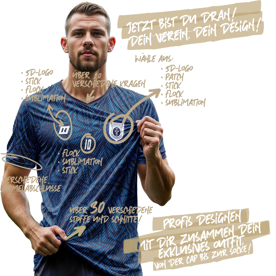 Spieler im individuellen HANSHA-Trikot mit Hinweisen zu Kragen, Ärmelabschlüssen, Stoffen und Veredelungen wie 3D-Logo, Patch, Stick, Flock und Sublimation